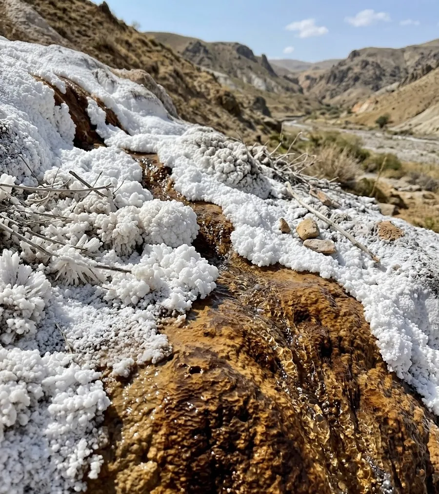 Sivas yeraltı kaynağından akan tuzlu su ve kayalarda oluşan tuz kristalleri